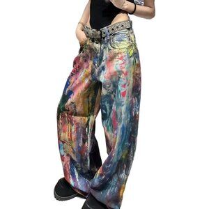 Unisex Y2K Vintage Color Ink Oil Painting Jeans Baggy Streetwear